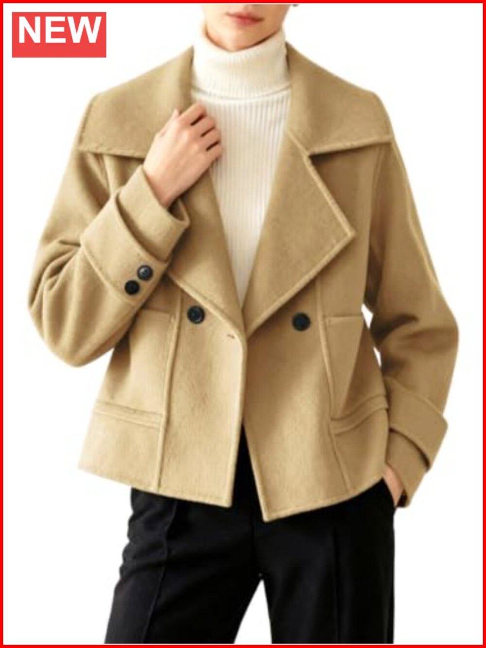 Cropped Wool Pea Coat Notched Lapel Long Sleeve Pockets